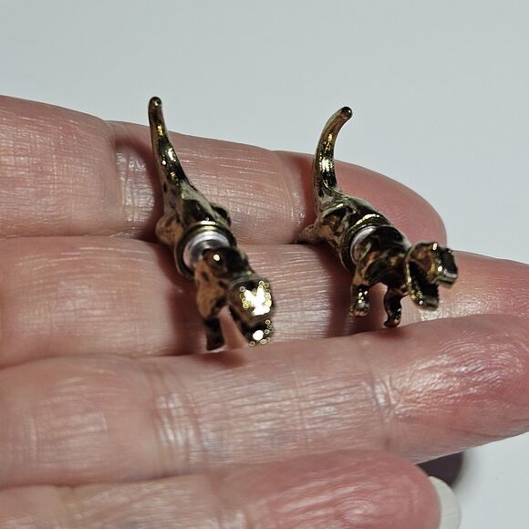 Gold Tone Dinosaur Head And Tail Jacket Fashion Earrings - Picture 5 of 11